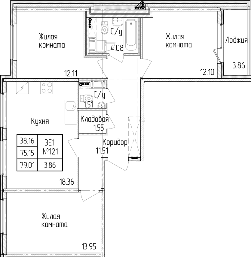 3-комнатная квартира 75.15 м², 2/4 эт., ЖК «Любоград в Стрельне»